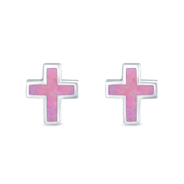 Cross Stud Earrings Lab Created Pink Opal 925 Sterling Silver